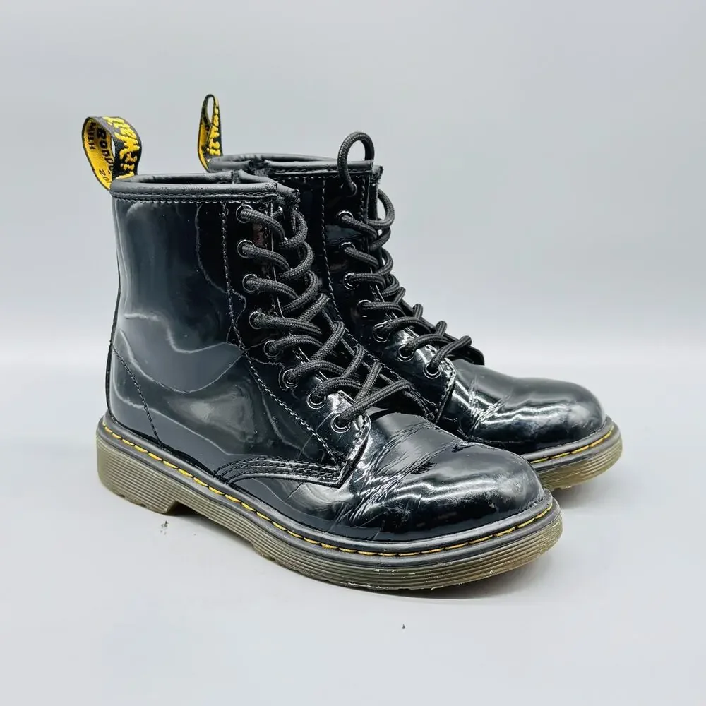 Dr Martens Boots Kids 2 Black Patent Leather 1460 Combat Lace Up Side Zip Youth